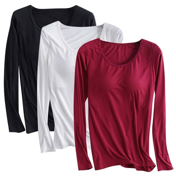 Aloohaidyvio 3 Pack Womens Cotton Long Sleeve Shirts Workout Round Neck Casual Tops T-Shirt Plain Basic Soild Tee with Built in Bra Wine L