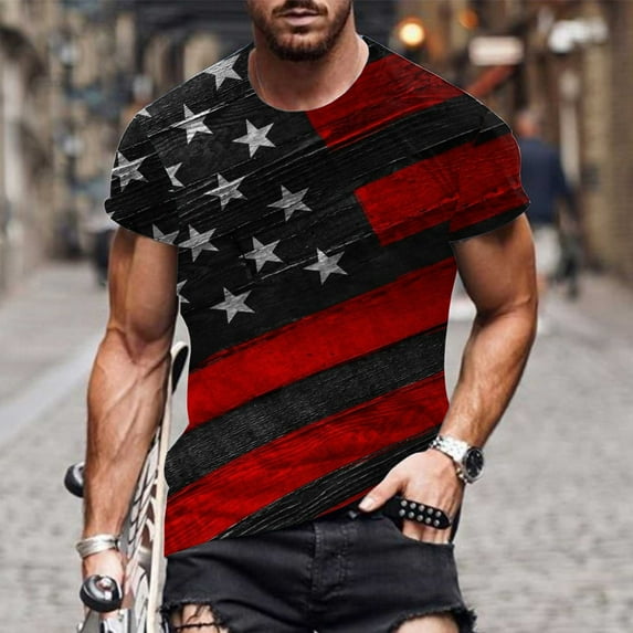 Aloohaidyvio 4th of July Shirts for Men 1776 Vintage American Flag Patriotic Round Neck Short Sleeve Tops USA Independence Day T-Shirt L