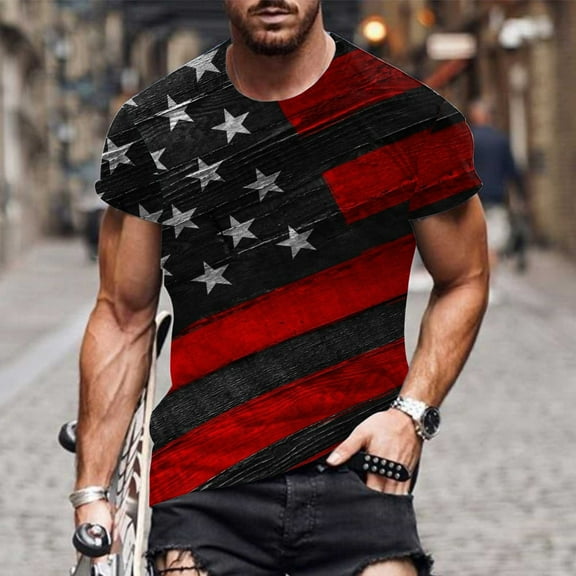 Aloohaidyvio 4th of July Shirts for Men 1776 Vintage American Flag Patriotic Round Neck Short Sleeve Tops USA Independence Day T-Shirt L