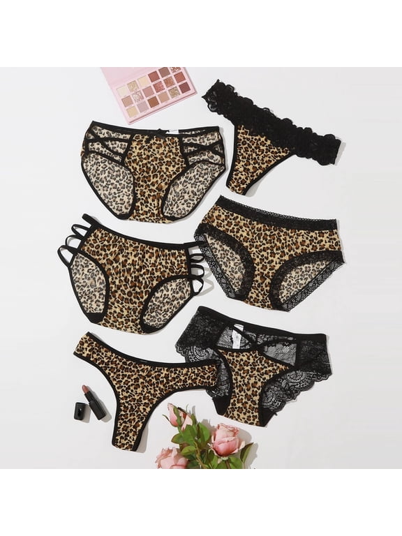 6 Pcs Lace Leopard Print Underwear For Women,Lace Panties For Women, Lace Thongs For Women,Panties for Women Pack