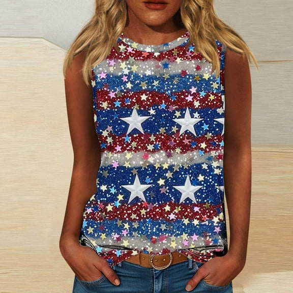 Aloohaidyvio American Flag Tank Top Women USA Stars Sequin Sparkle Sleeveless USA Patriotic Shirt 4th of July Summer V Neck Vest