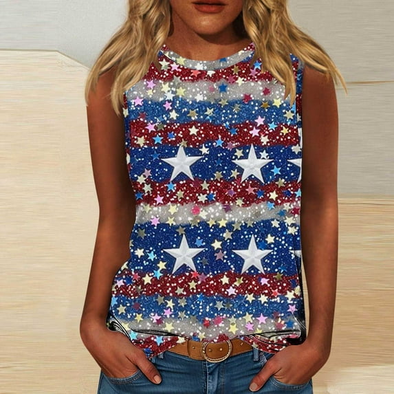 Aloohaidyvio American Flag Tank Top Women USA Stars Sequin Sparkle Sleeveless USA Patriotic Shirt 4th of July Summer V Neck Vest