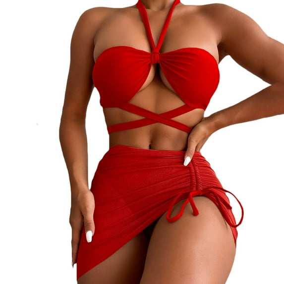 Aloohaidyvio Bikinis for Women,Summer Womens Solid Color Swimsuit Three Piece Split Swimsuit Bikini, Womens Swimwear