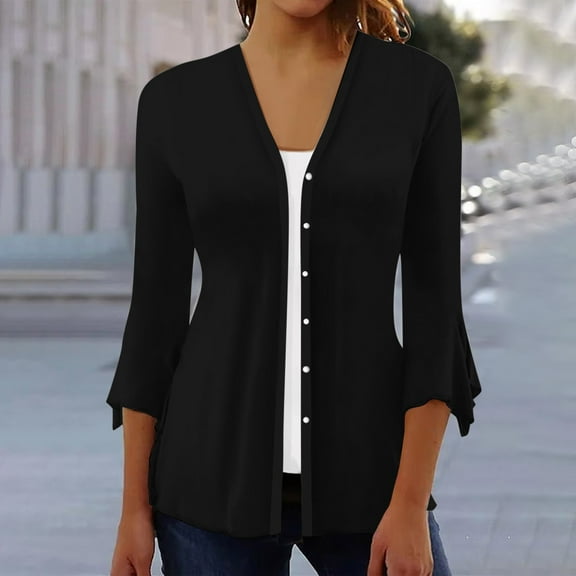 Aloohaidyvio Black and Friday ,Fashion Women Summer 3/4 Sleeve Cardigan Solid Color Casual Blouse Tops