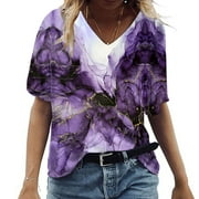 Aloohaidyvio Black and Friday clearance,Womens Summer Tops V Neck T Shirts Printed Tops Loose Casual Tshirts