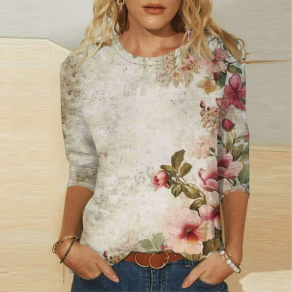 Aloohaidyvio Blouses for Women 3/4 Sleeve,Women's 2024 Summer Spring Trendy T-Shirts Casual 3/4 Sleeve Shirts Solid Color Round Neck Basic Tees Loose Print Tops