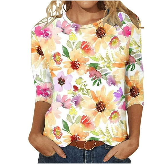 Aloohaidyvio Blouses for Women 3/4 Sleeve,Women's 3/4 Sleeve Round Neck T Shirt Cotton Half Sleeve Blouse Summer Casual Tunic Tops Loose Trendy Basic Tees