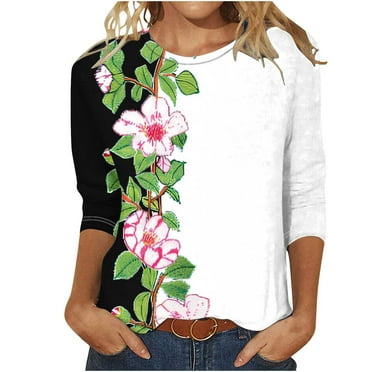 Aloohaidyvio Blouses for Women 3/4 Sleeve,Womens Summer 3/4 Sleeve T-Shirts Casual Round Neck Loose Fit Tunic Tops Cute Basic Tees Pullover Print Blouses