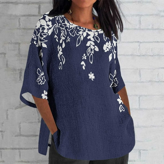 Aloohaidyvio Blouses for Women 3/4 Sleeve,Women's 3/4 Sleeve Cotton Linen Tops Loose Ethnic Printed Shirt Casual Round Neck Blouse Soft Basic Tees