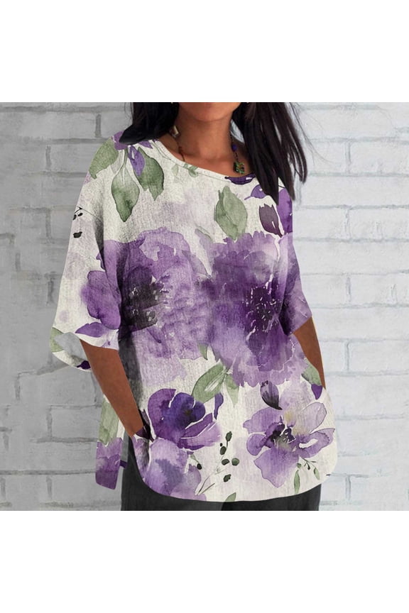 Blouses for Women 3/4 Sleeve,Women's Cotton Linen Flower Print Shirt Casual 3/4 Sleeve Top Soft Loose Blouse Soft Beach Basic Tees