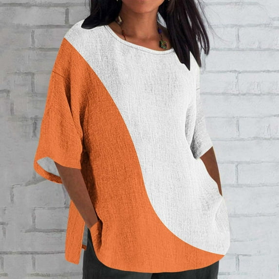 Aloohaidyvio Blouses for Women 3/4 Sleeve,Women's Cotton Linen Tie-Dye Shirt Casual 3/4 Sleeve Top Soft Printed Loose Blouse Soft Beach Basic Tees