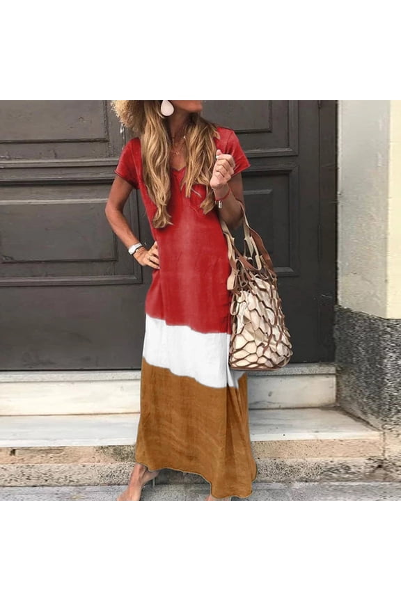 Boho Dresses for Women 2024,Women Plus Size Daily Tie-dyed Color Block Loose V Neck Short Sleeve Dress