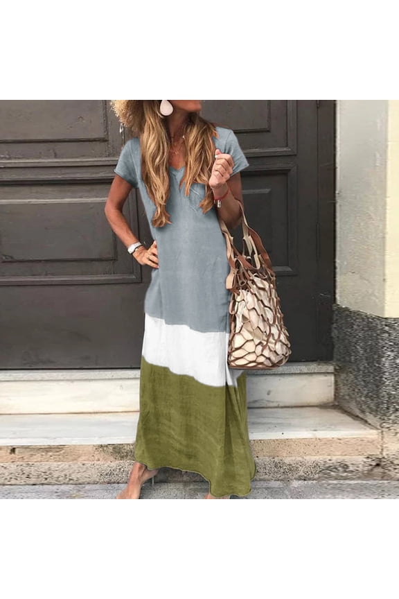 Boho Dresses for Women 2024,Women Plus Size Daily Tie-dyed Color Block Loose V Neck Short Sleeve Dress