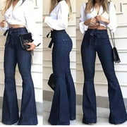 Aloohaidyvio Bootcut Jeans for Women Clearance,Fashion Ladys High Waisted Lacing Stretch Wide Leg Jeans Bell-Bottomed Pants L