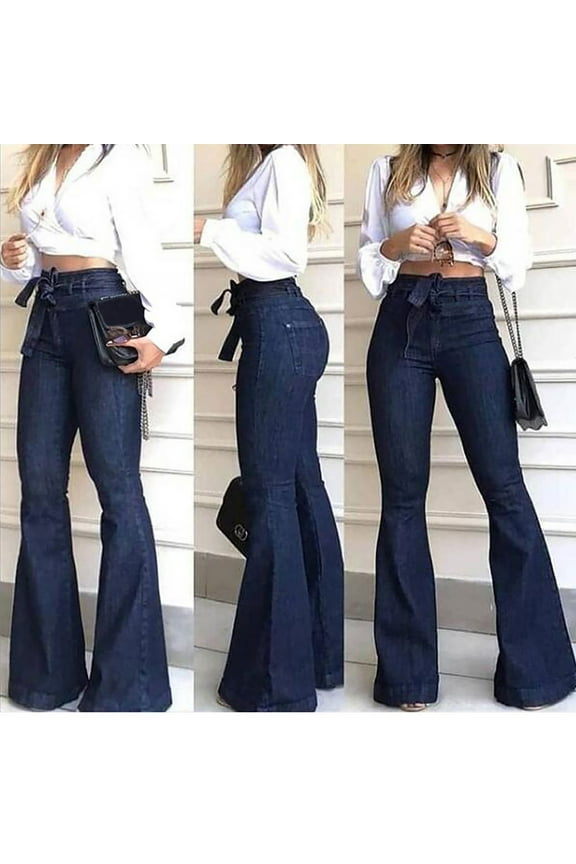 Bootcut Jeans for Women ,Fashion Ladys High Waisted Lacing Stretch Wide Leg Jeans Bell-Bottomed Pants L