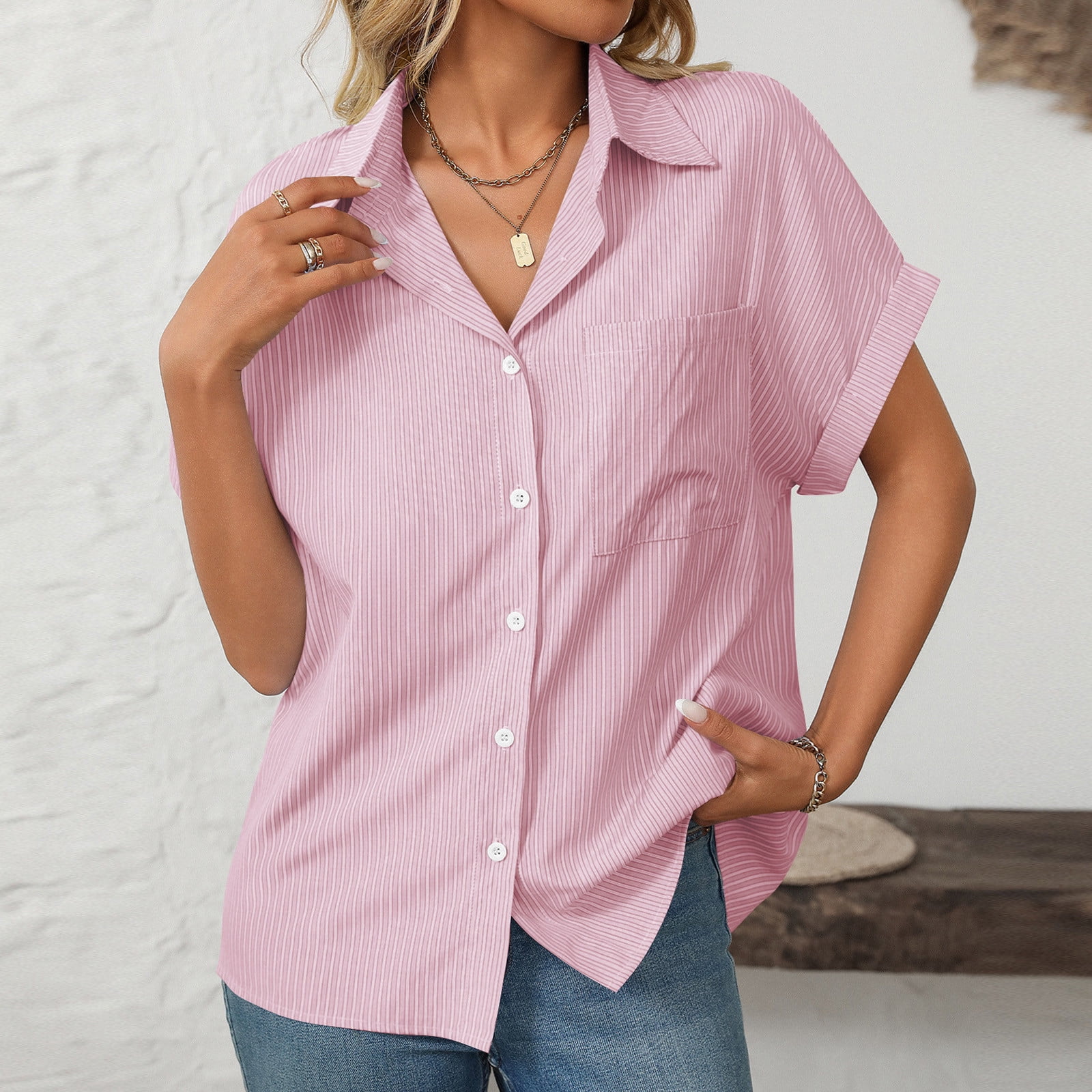 Aloohaidyvio Button Down Shirt Women Cotton Short Sleeve Blouses V Neck ...