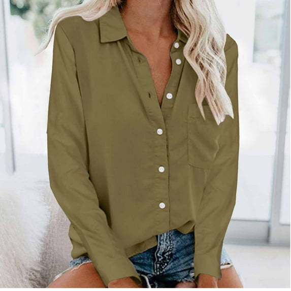 Aloohaidyvio Button Down Shirts for Women,Women's Fall Button Down Shirts Classic-Fit Cotton Dress Shirt Long Sleeve Oversized Boyfriend Solid Tunic Tops