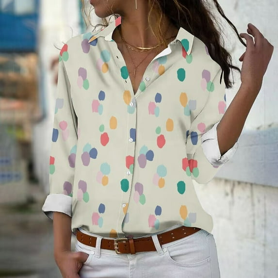 Aloohaidyvio Button Down Shirts for Women,Women's Fall Cotton Classic-Fit V Neck Button Down Shirt Long/Roll Up Sleeve Casual Collared Work Blouse Top