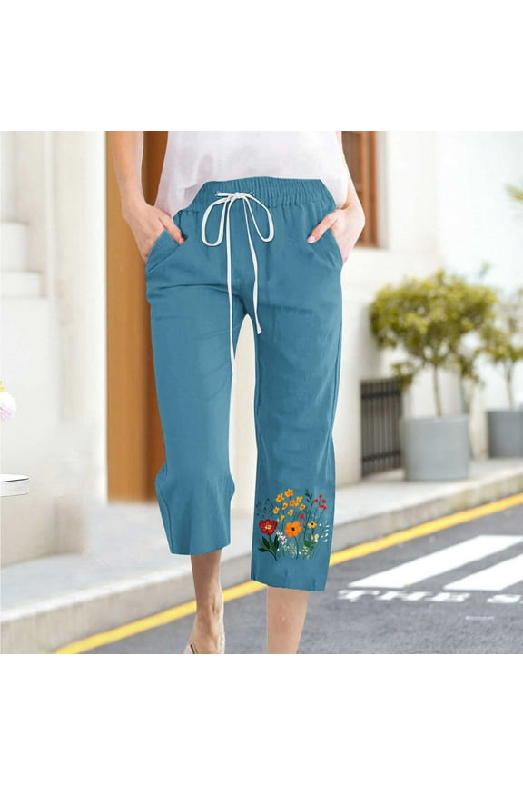 Capri Pants for Women High Waisted Relaxed Fit Elastic Knit Waist Casual Capris Trousers Cropped Pants