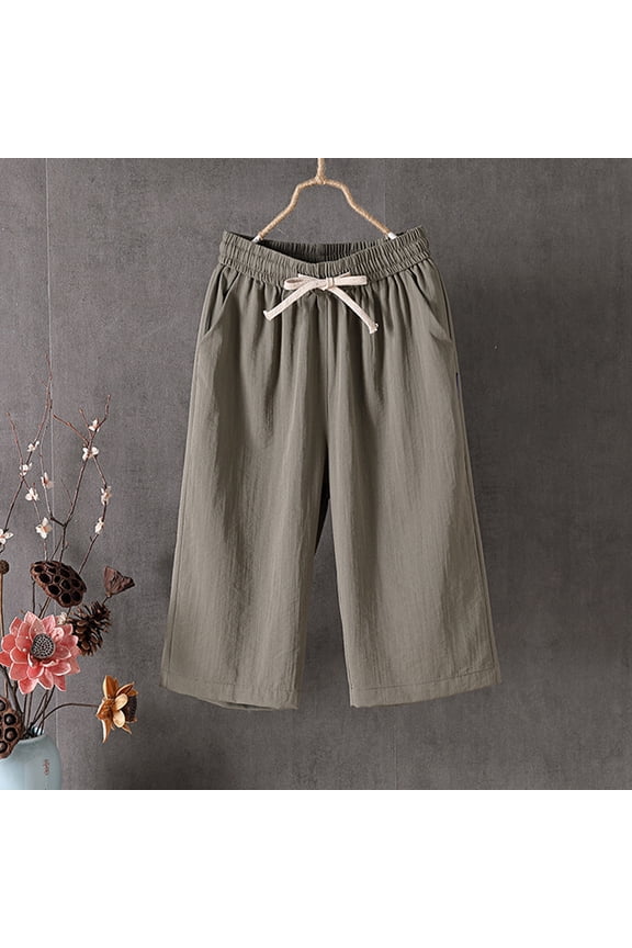 Capri Pants for Women Plus Size 2024,Spring Summer Women's Casual Elastic Forces Waist Pockets Cropped Trousers Cotton Pants