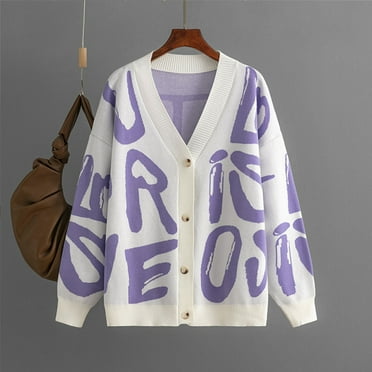 Aloohaidyvio Cardigan Sweaters for Women,Women's 2024 Fall Winter Lettering Cardigan Sweaters Casual Lightweight Coat Round Neck Knitted Button Down Cardigans