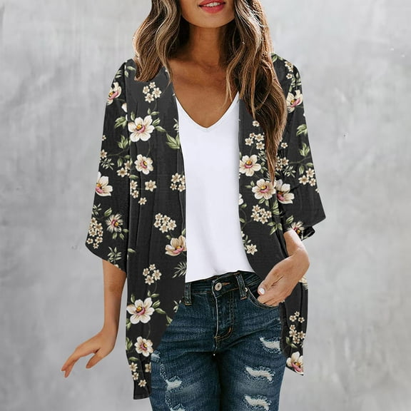 Aloohaidyvio Cardigan Sweaters for Women,Women's Floral Chiffon Kimono Cardigans Loose Beach Cover Up Half Sleeve Tops