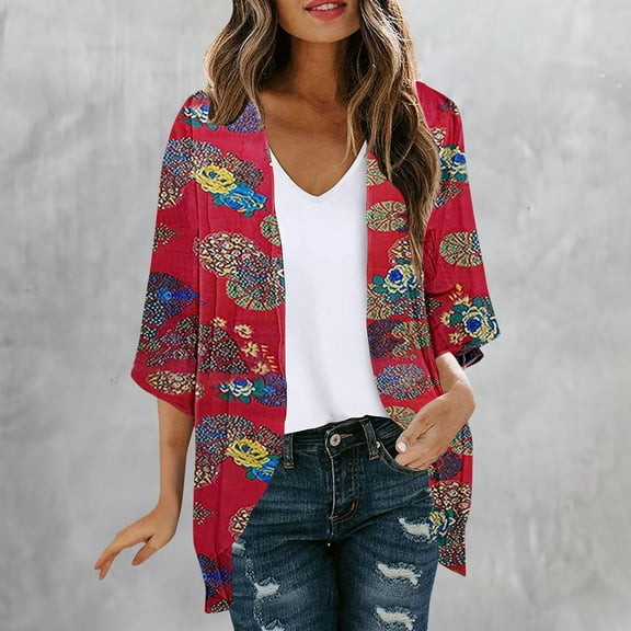 Aloohaidyvio Cardigan Sweaters for Women,Women's Floral Chiffon Kimono Cardigans Loose Beach Cover Up Half Sleeve Tops