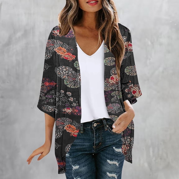 Aloohaidyvio Cardigan Sweaters for Women,Women's Floral Chiffon Kimono Cardigans Loose Beach Cover Up Half Sleeve Tops