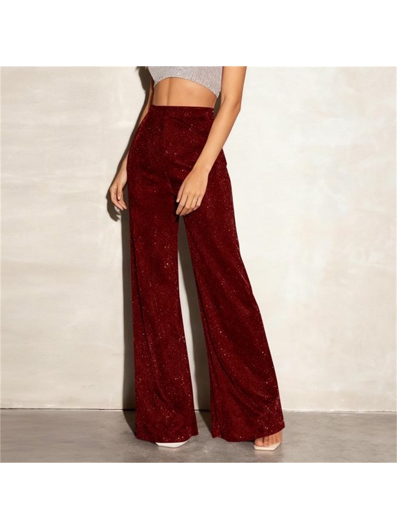 Casual Pants for Women Summer Sequin Sparkle Pants Elastic Waist Wide Leg Party Club Trousers