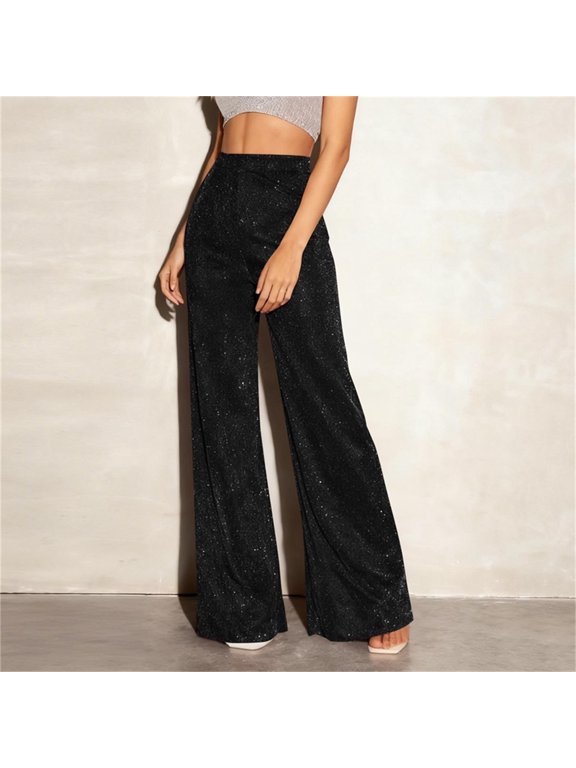 Casual Pants for Women Summer Sequin Sparkle Pants Elastic Waist Wide Leg Party Club Trousers