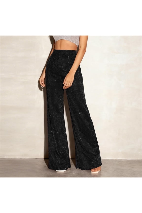 Casual Pants for Women Summer Sequin Sparkle Pants Elastic Waist Wide Leg Party Club Trousers