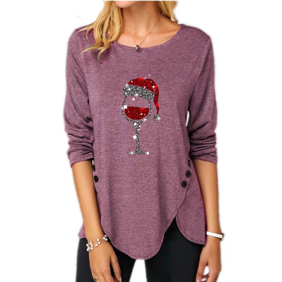 Aloohaidyvio Christmas Hoodies,Womens Christmas Round Neck Wine Cup Large T-Shirt