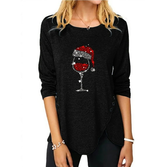 Aloohaidyvio Christmas Hoodies,Womens Christmas Round Neck Wine Cup Large T-Shirt
