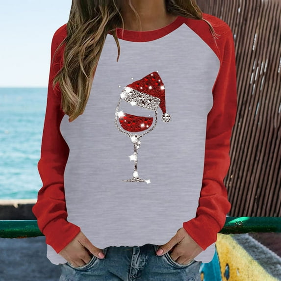 Aloohaidyvio Christmas Hoodies,Womens Patchwork Christmas Printed Sleeves Round Neck Casual Tee Tops