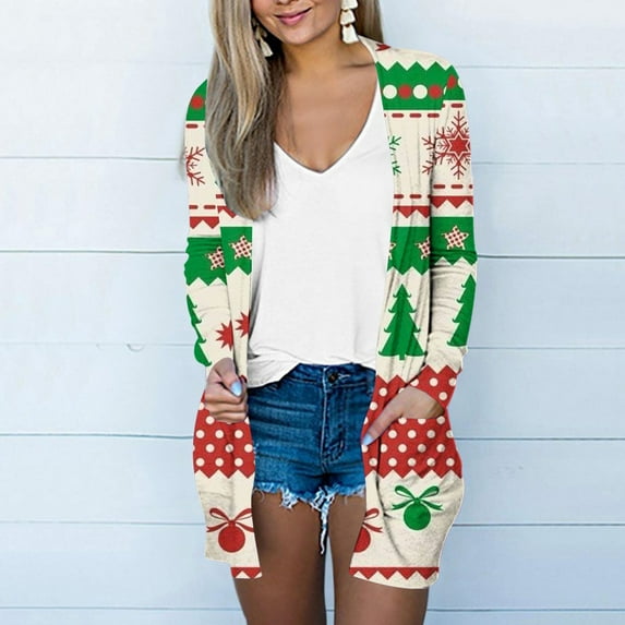 Aloohaidyvio Christmas Tops,Womens Christmas Casual Long Sleeve Pocket Cardigan Jacket Tops