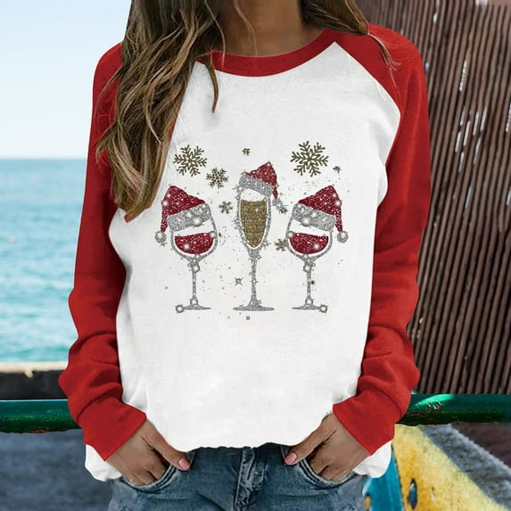Aloohaidyvio Christmas Tops,Womens Christmas Printed Tops Long Sleeves Round Neck Casual Tee