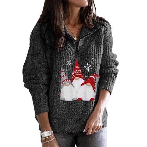 Aloohaidyvio Christmas Tops,Womens Christmas V-Neck Sweater Santa Claus Printed Zipper Long Sleeve Knitted Sweater