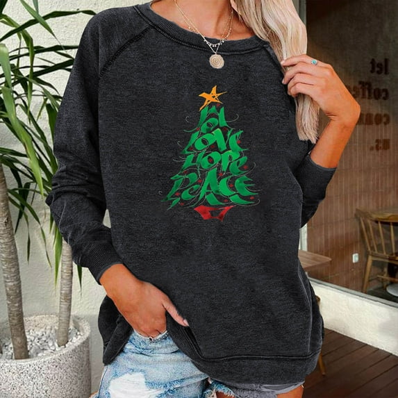 Aloohaidyvio Christmas Tops,Womens Long-Sleeved Printed Christmas Hoodie Crew-Neck Pullover Top