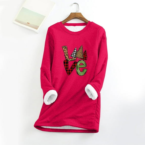 Aloohaidyvio Christmas Tops,Womens Round Neck Christmas Tree Print Thickened Plush Warm Long Sleeve Tops