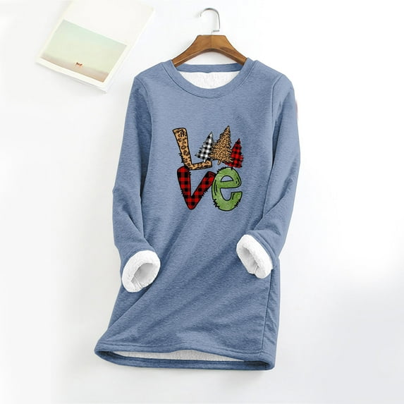 Aloohaidyvio Christmas Tops,Womens Round Neck Christmas Tree Print Thickened Plush Warm Long Sleeve Tops