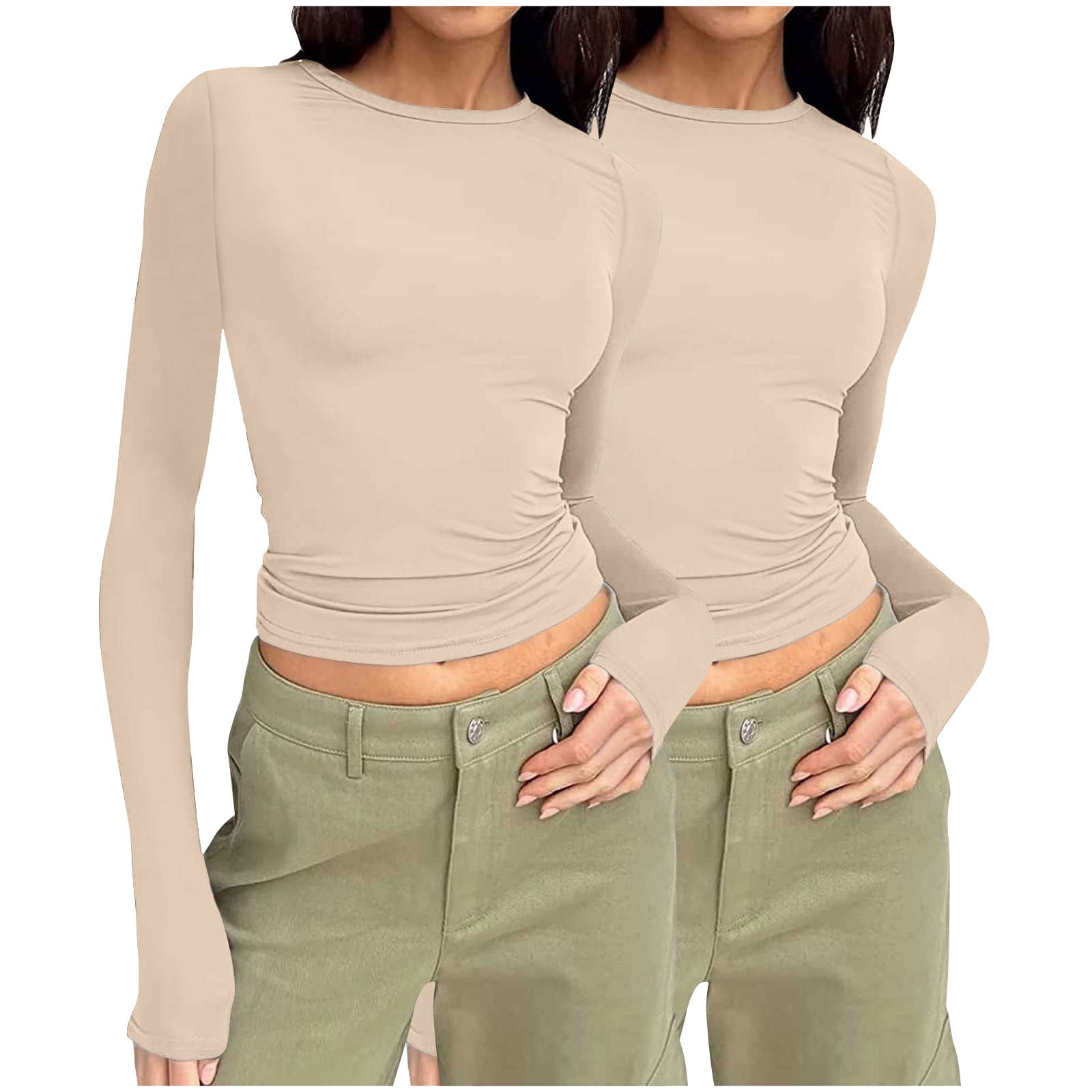 OEAK Women’s Long Sleeve Square Neck Crop Top – Double Lined Slim Fit Tee For Casual Or Going Out