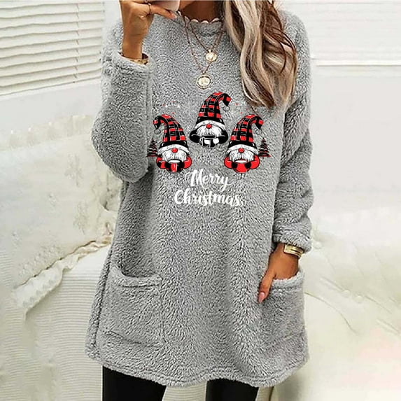 Aloohaidyvio Clearance Christmas Fleece Sherpa Gnome Sweatshirts for Women Casual Crewneck Pullover Winter Warm Faux Fur Tops