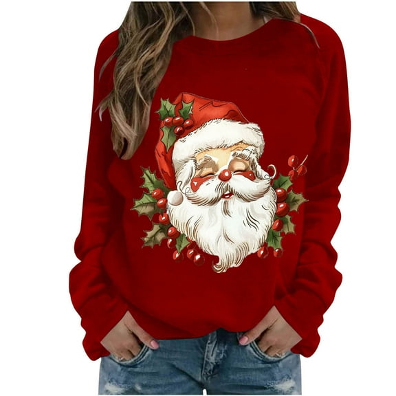 Aloohaidyvio Christmas Sweatshirt for Womens Oversized Santa Claus Sequins Xmas Top Long Sleeve Crew Neck Loose Fit Pollover Shirts