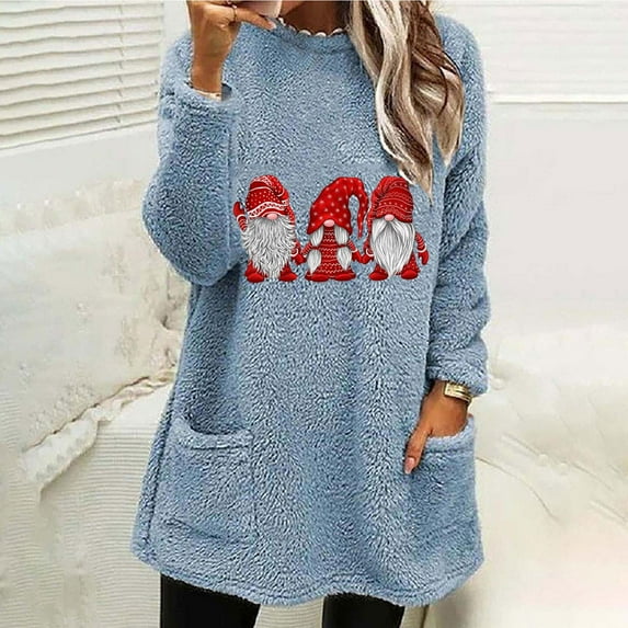 Aloohaidyvio Christmas Tops for Women Long Sleeve Fleece Lined Sweatshirts Cute Gnomes Print Winter Funny Holiday Shirts