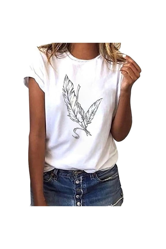Fashion Women Short Sleeve T-Shirt Feather Print Casual Top Tee Blouse