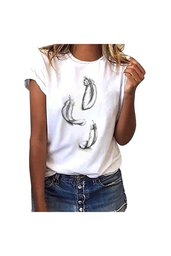 Fashion Women Short Sleeve T-Shirt Feather Print Casual Top Tee Blouse