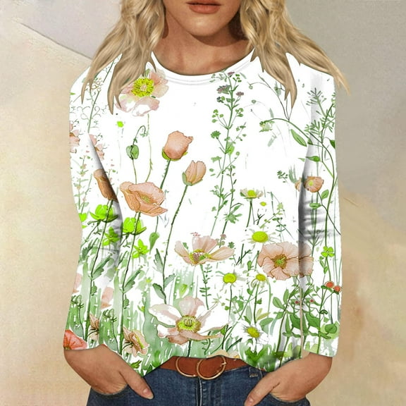 Aloohaidyvio Long Sleeve Shirts for Women O Neck Basic Tee Floral Print Shirts Blouse Fall Workout Hide Belly Fall Casual Tops