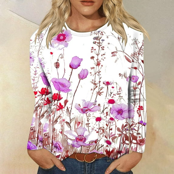 Aloohaidyvio Long Sleeve Shirts for Women O Neck Basic Tee Floral Print Shirts Blouse Fall Workout Hide Belly Fall Casual Tops