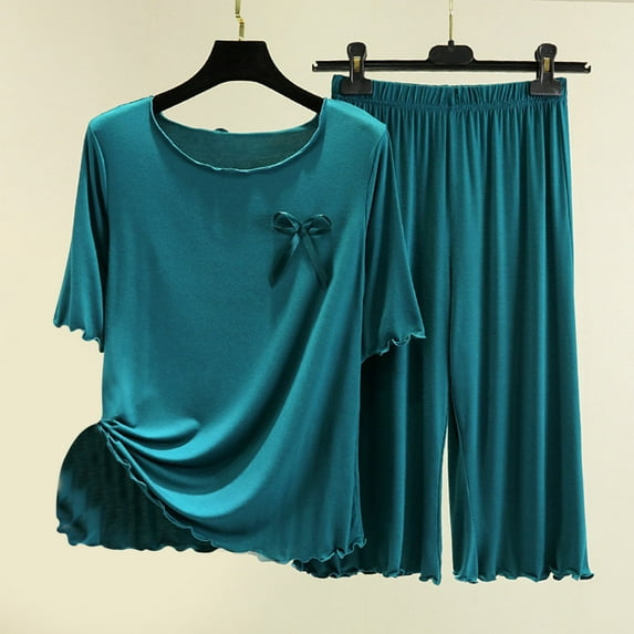 Aloohaidyvio Pajamas,Women Two Piece Pajamas Flounce Short Sleeved Round Neck Oversized Home Clothing