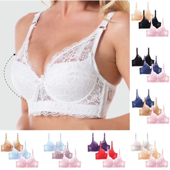 Aloohaidyvio Women's Sexy Lace Push Up Bra Sheer Balconette No Underwire Unlined Everyday Bras 3 Pack